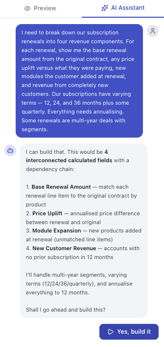 AI assistant conversation showing field proposal and block design