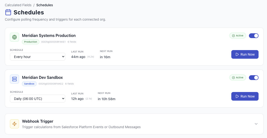 Schedules page showing hourly and daily polling with webhook trigger
