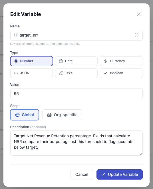 Variable editor showing a global NRR target variable