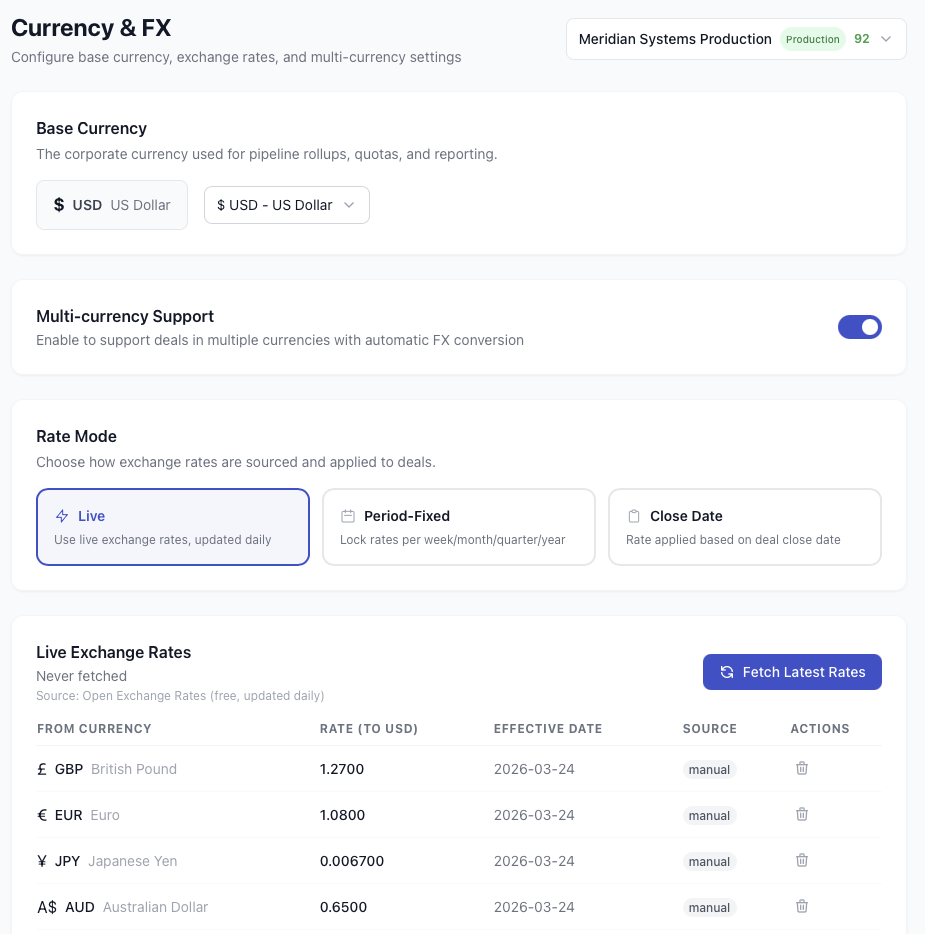 Currency and FX settings showing base currency USD, multi-currency toggle, live rate mode, and exchange rates for GBP, EUR, JPY, AUD