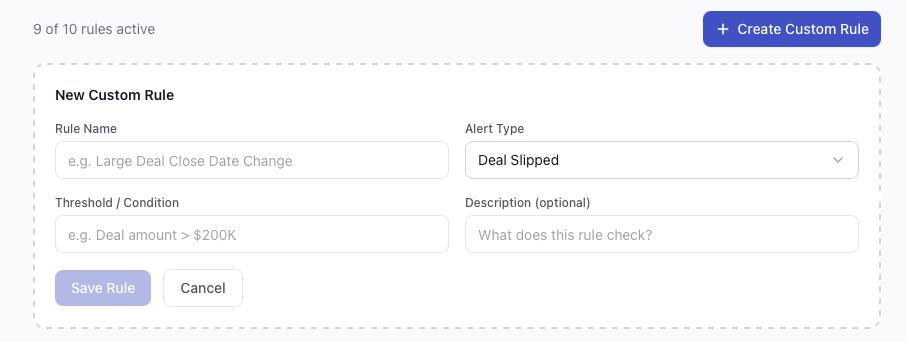 New custom rule form with rule name, alert type dropdown set to Deal Slipped, threshold condition, and description