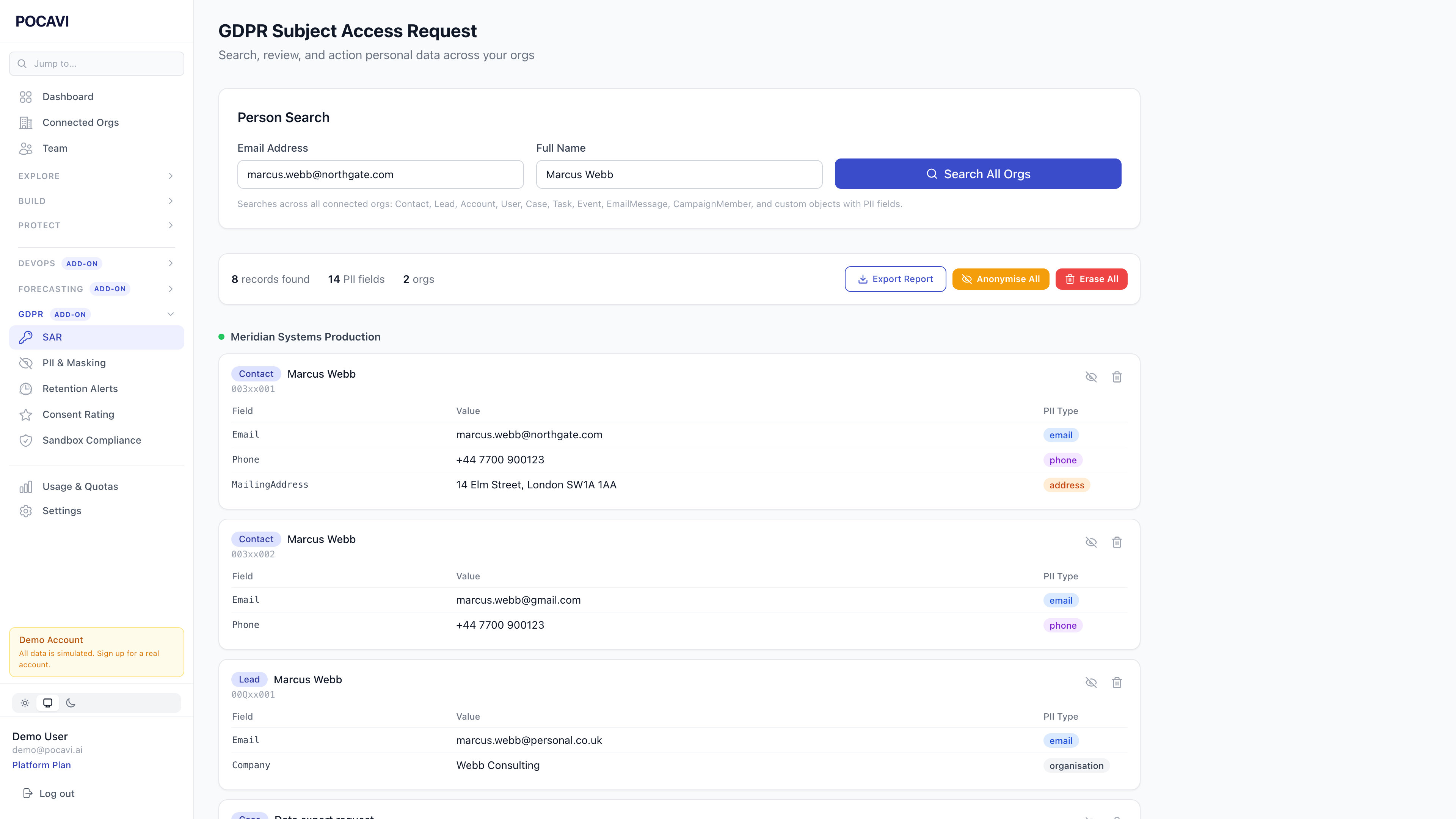 GDPR person search showing PII records across orgs