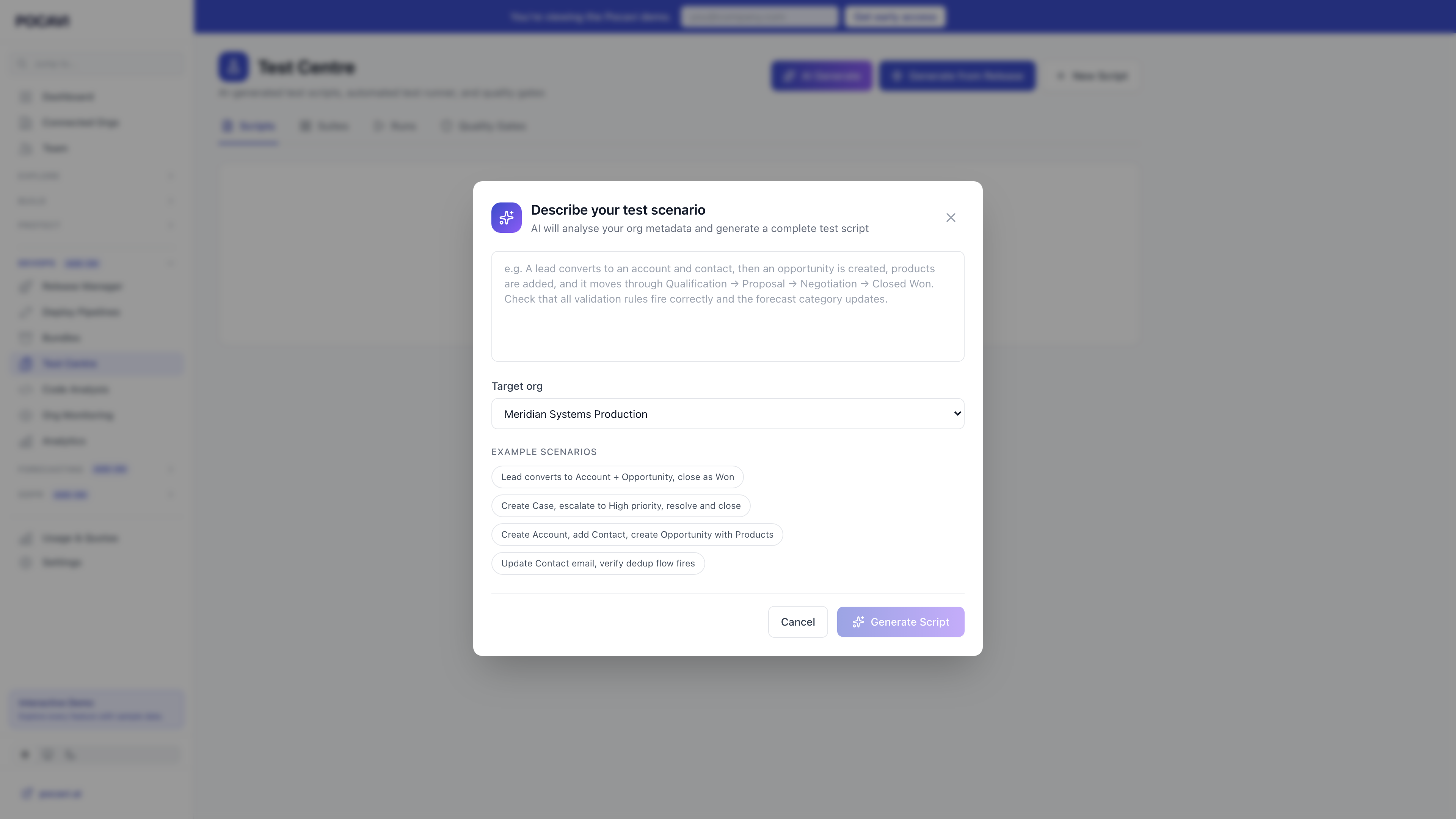 AI test scenario builder generating test scripts from plain English