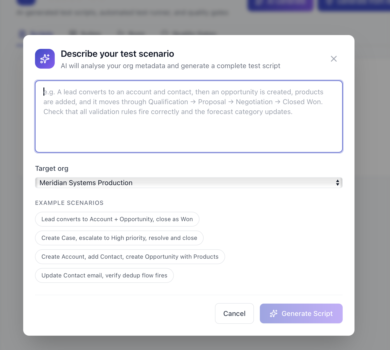 AI test scenario builder with lead conversion test typed in