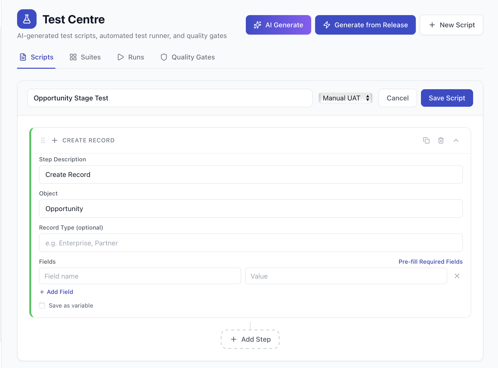 Create Record step expanded showing object picker, fields, and Pre-fill Required Fields button