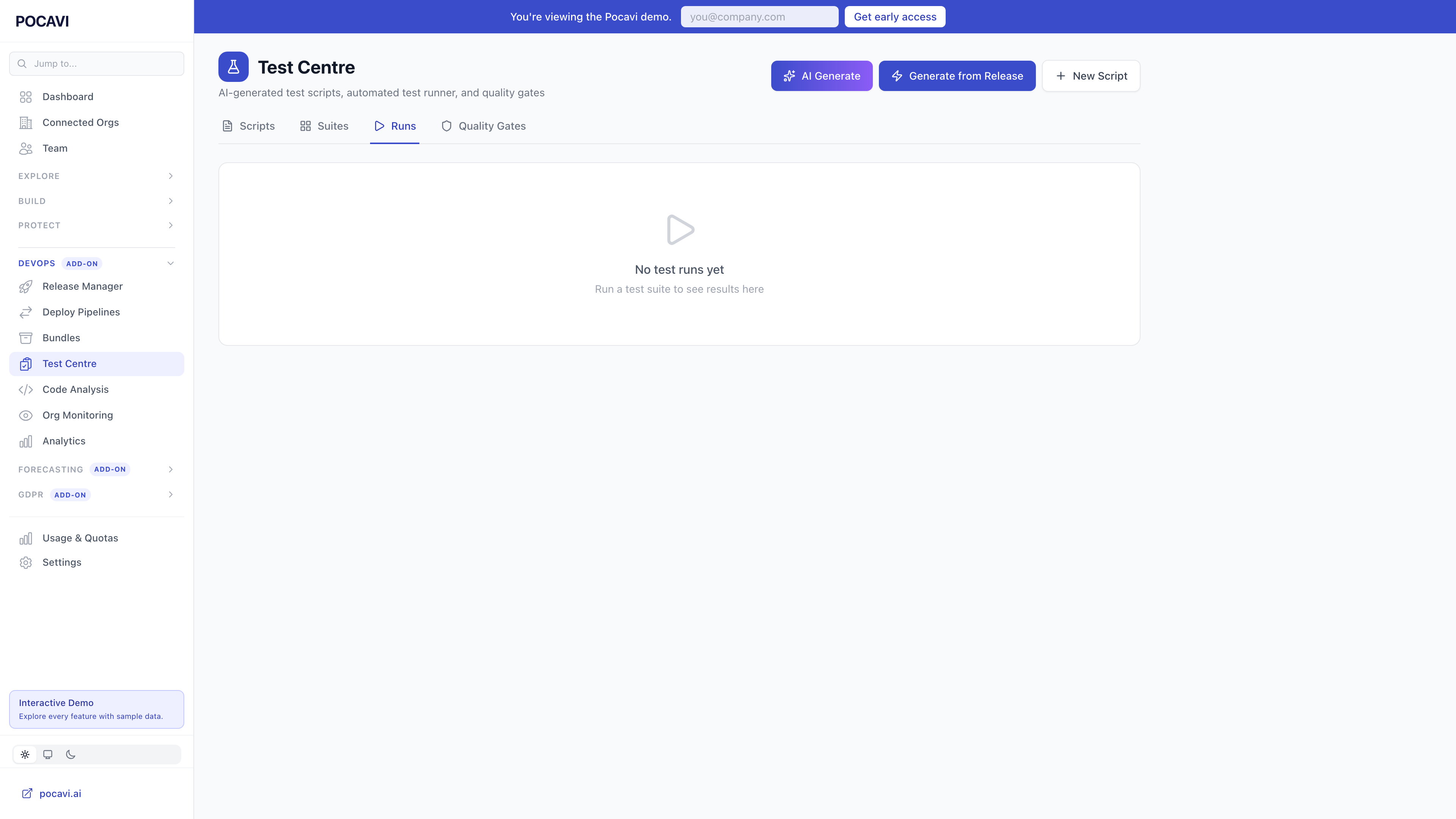Test runs dashboard showing pass rate and trends