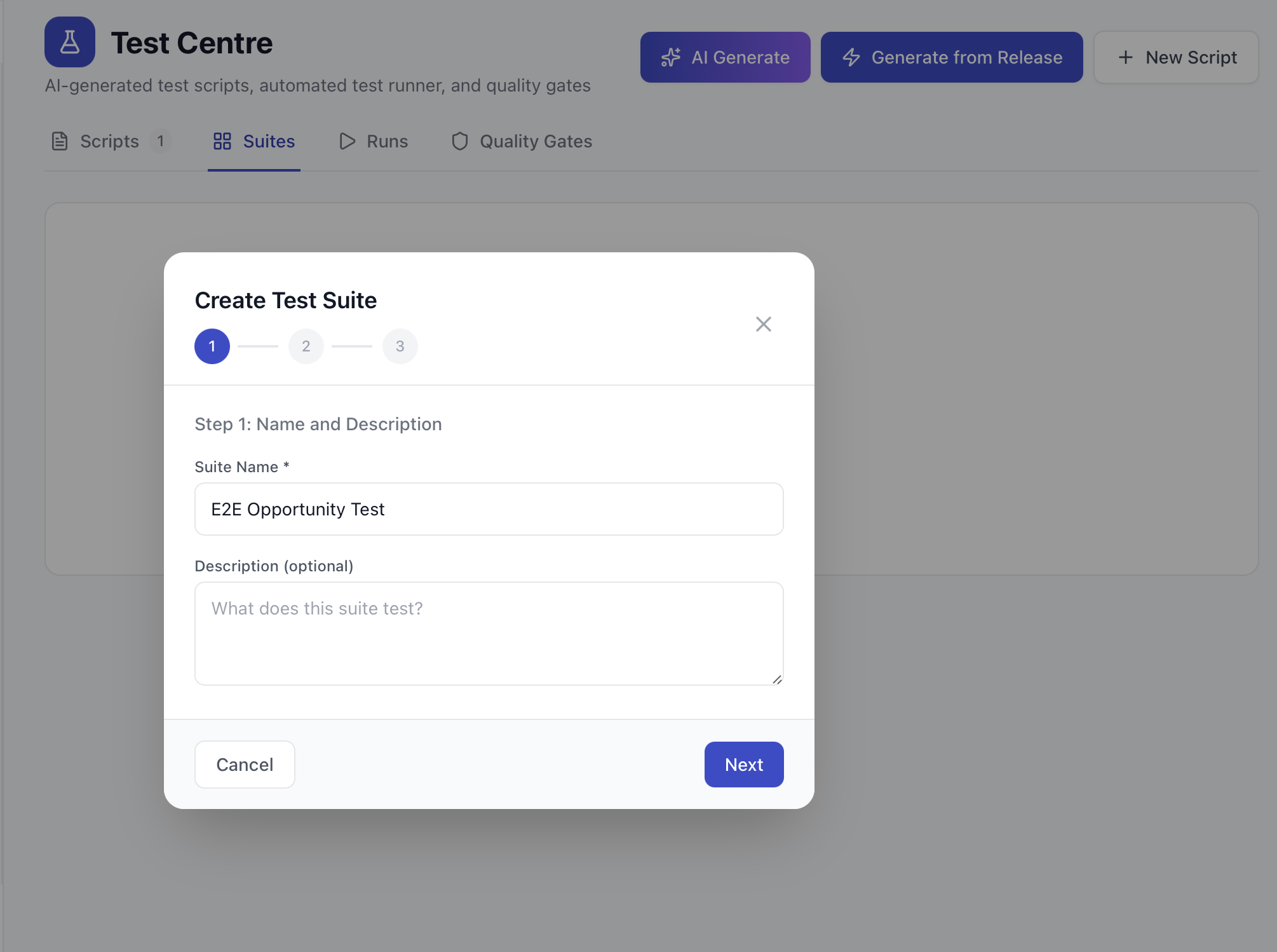 Create Test Suite wizard step 1: name and description