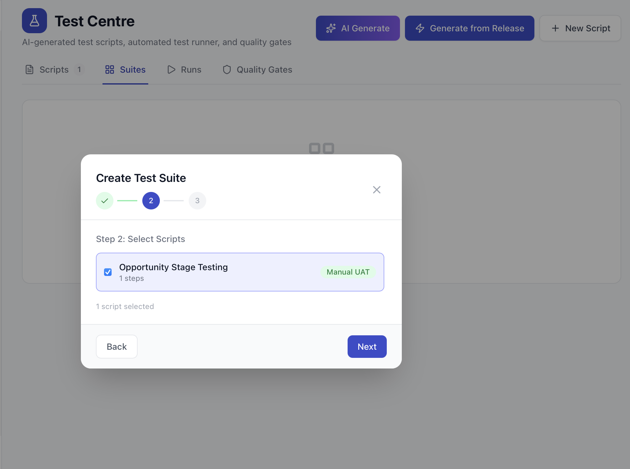 Create Test Suite wizard step 2: select scripts with type badges