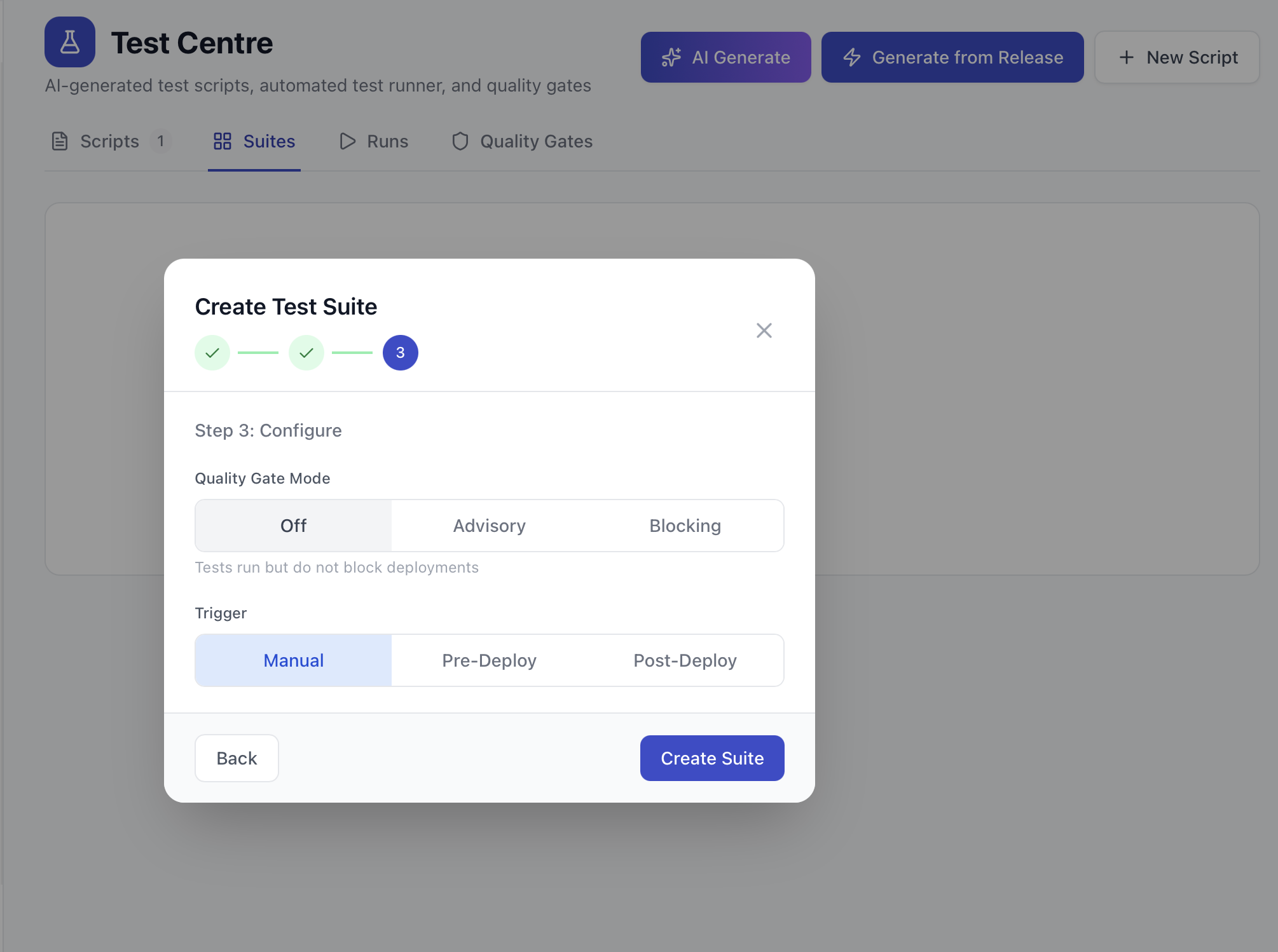 Create Test Suite wizard step 3: quality gate mode and trigger