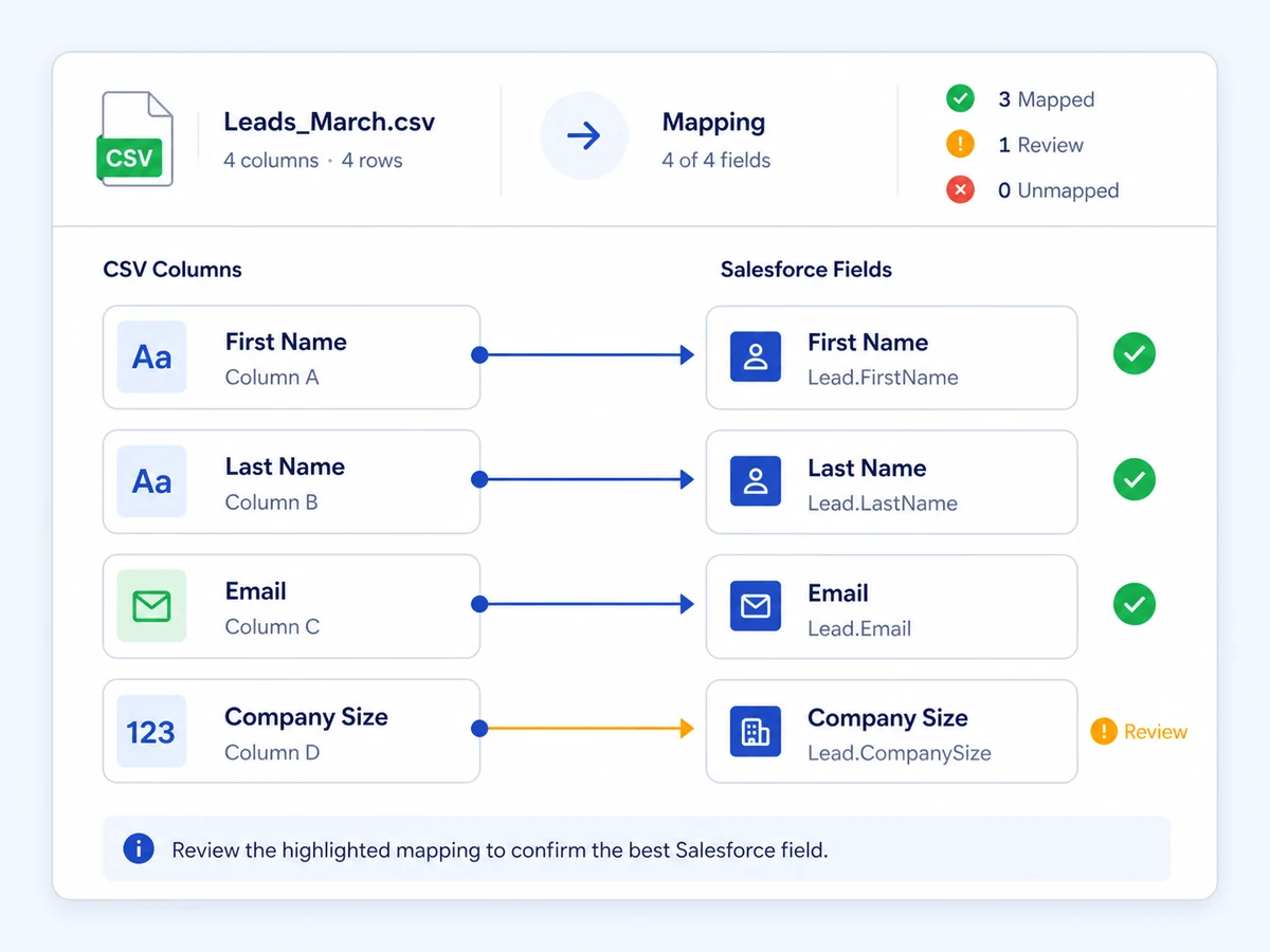 A CSV import mapping four columns to Salesforce lead fields, with three confirmed and one flagged for review
