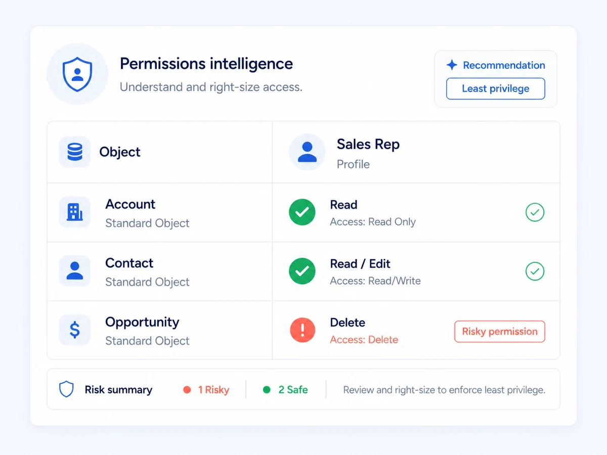 A permissions matrix flagging a delete permission on the Opportunity object as a risky permission for the Sales Rep profile
