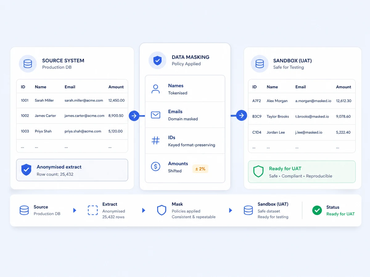 A masking pipeline taking 25,432 production rows through tokenised names and masked emails into a sandbox that is safe for UAT