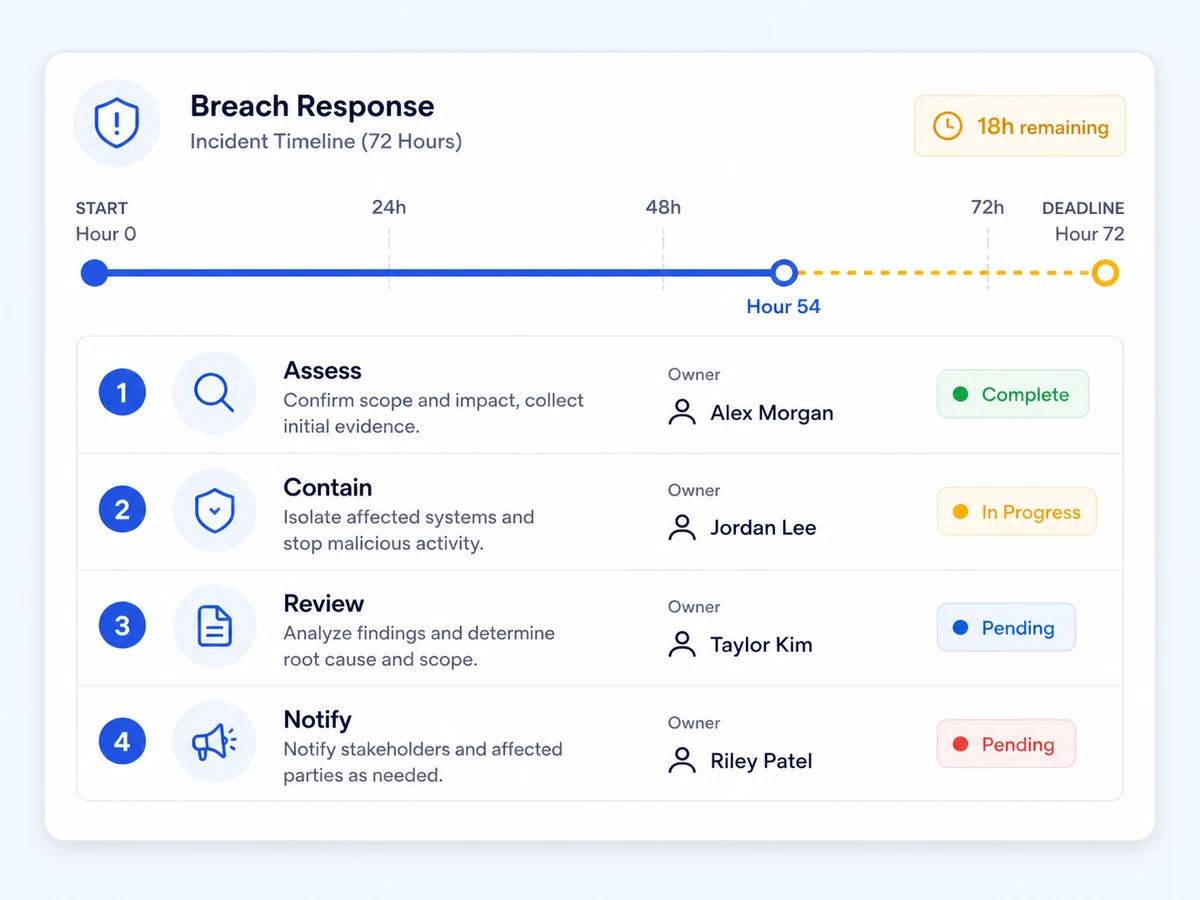 A 72-hour breach response timeline at hour 54 with 18 hours remaining, four steps each with a named owner