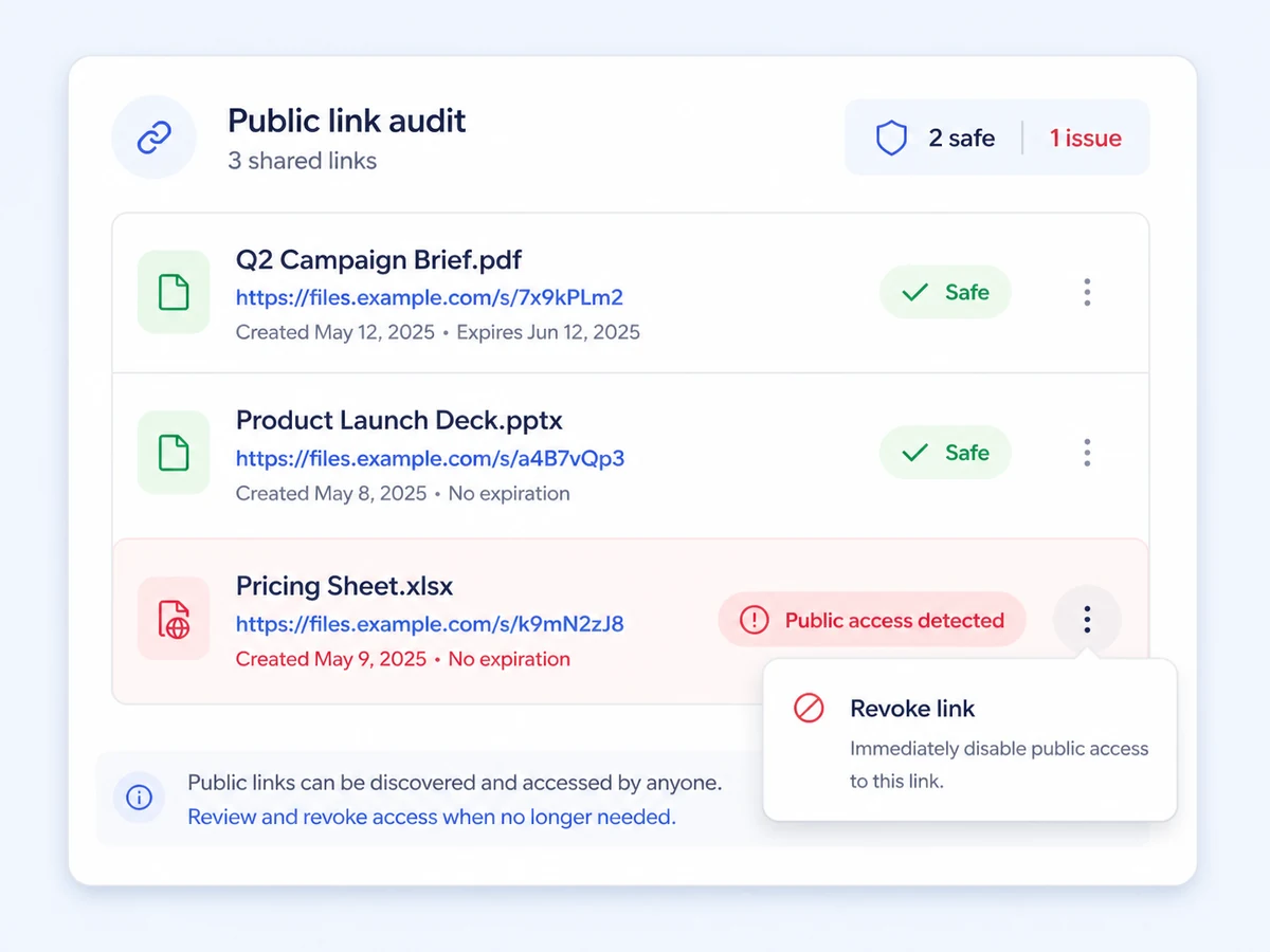 An audit of three public file links, two safe and one pricing sheet with public access detected and an option to revoke it